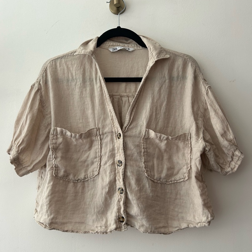 Zara beige linen cropped button-down shirt, size XS